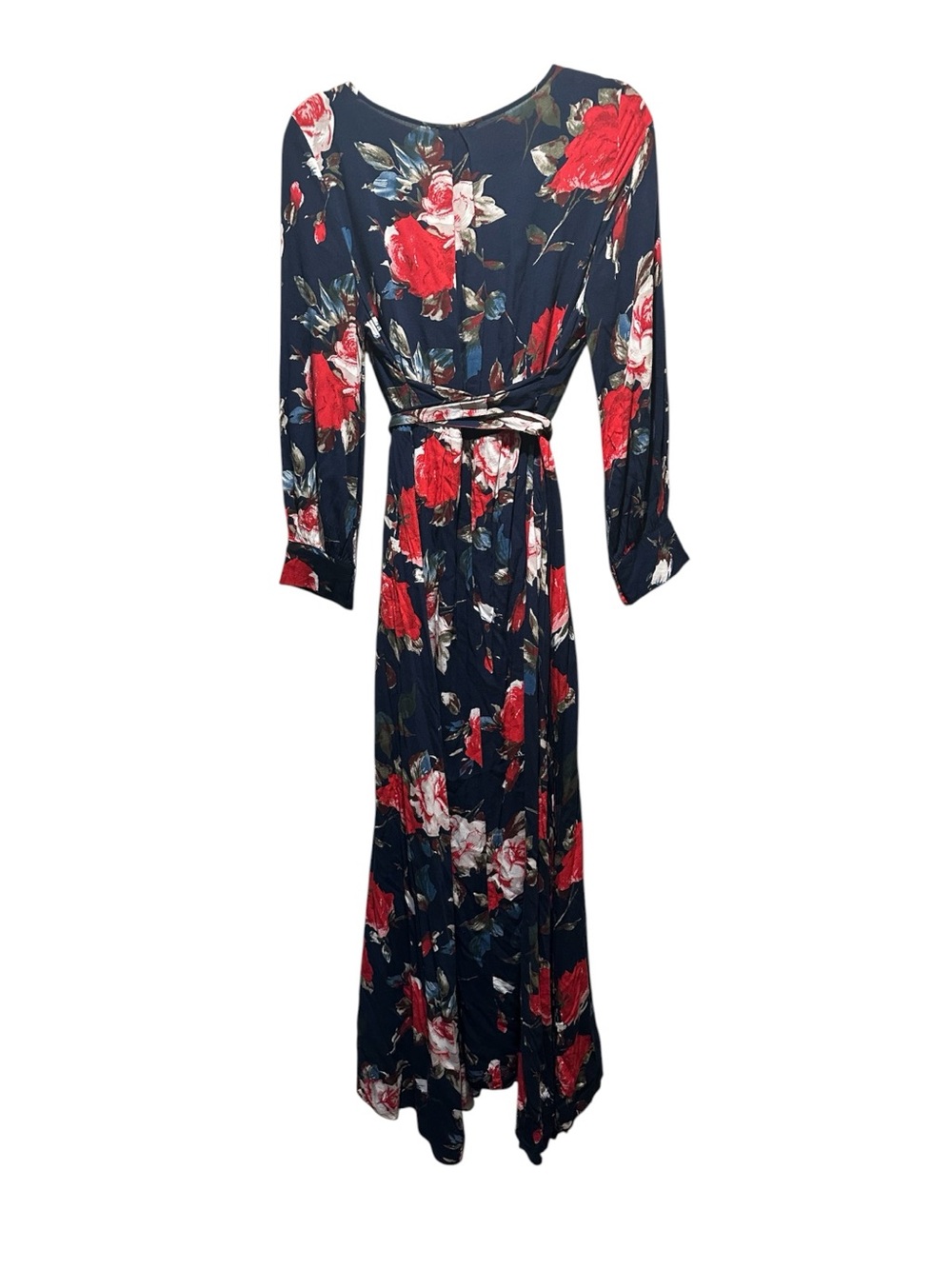 JODIFL Navy Floral Wrap Maxi Dress with Red Roses NWOT Size L - Picture 3 of 6